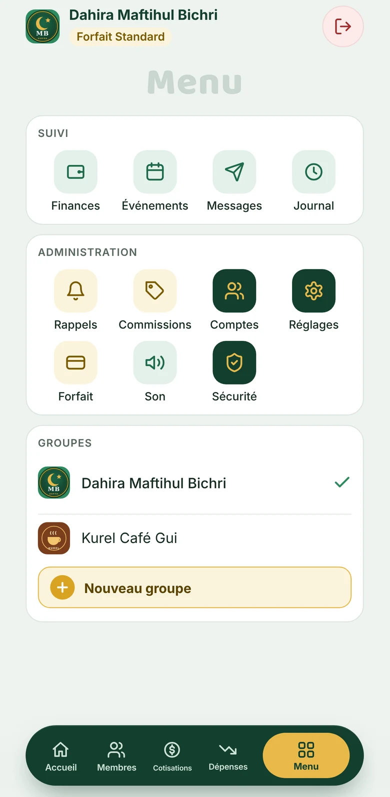Écran Configuration de Kalbaas